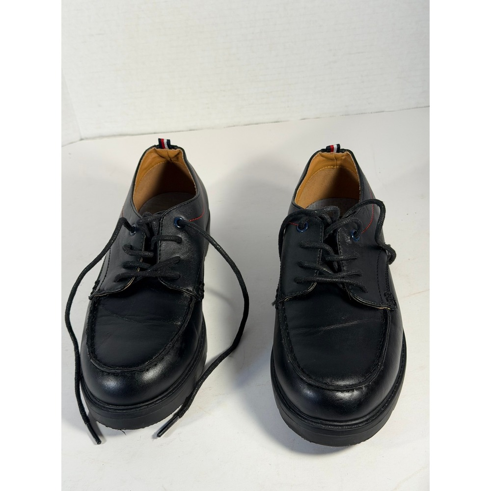 Tommy Hilfiger Boy's Black Leather Moc Toe Derby Shoes Chunky Lug Sole Oxfords